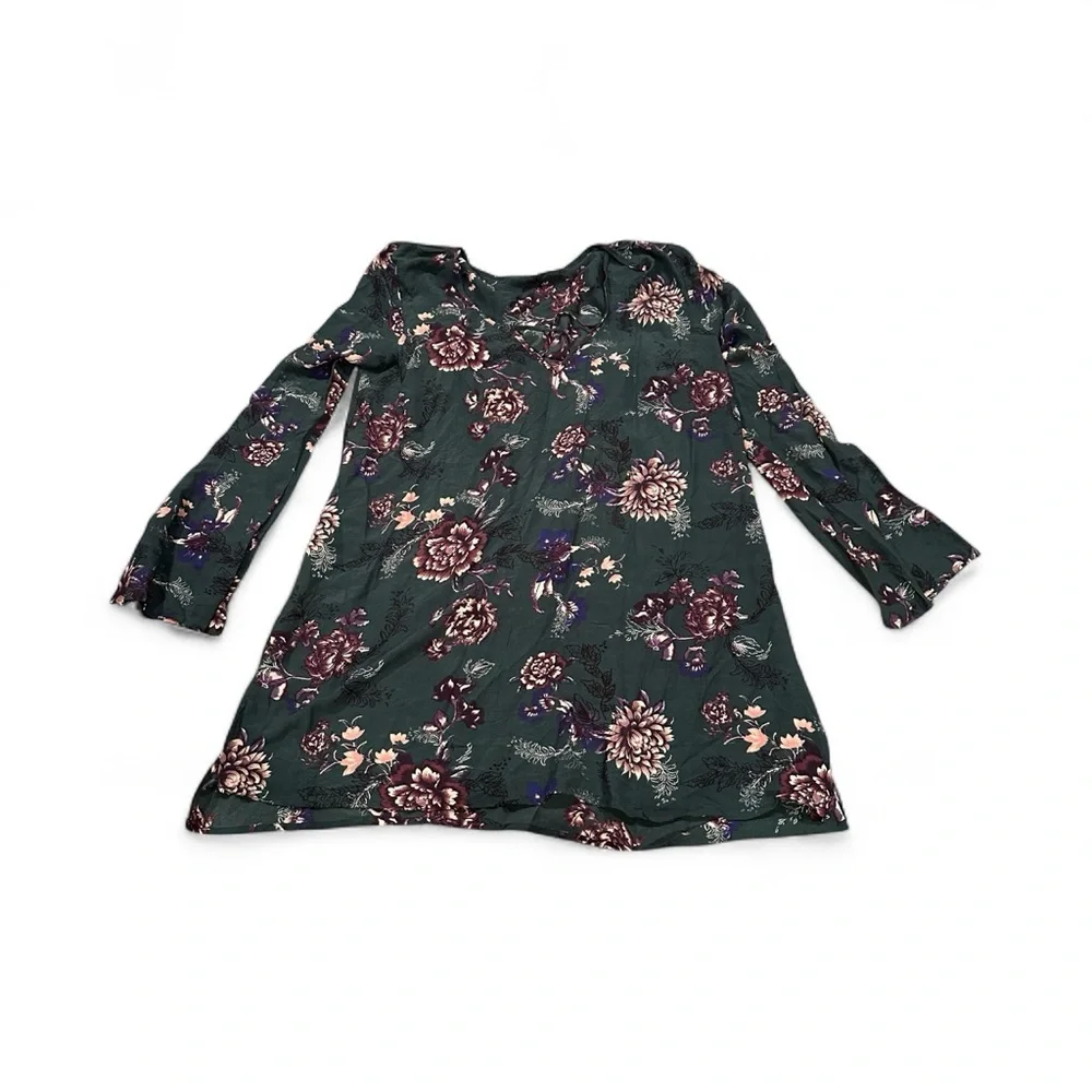FREE PEOPLE Heartbeat Green Floral Bell Long Sleeve Tunic Mini Dress Oversize L
